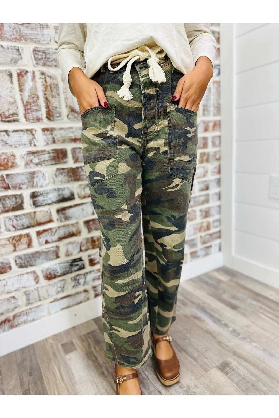 Vintage Washed Camo Cargo Rope String Pants