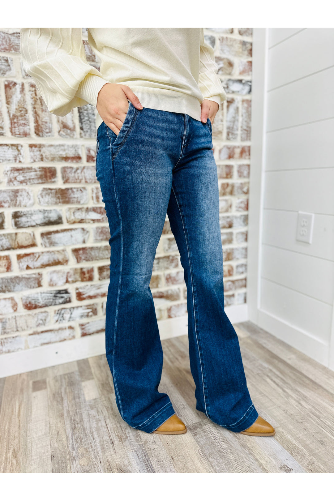 High Rise Flare Jeans With Double Button