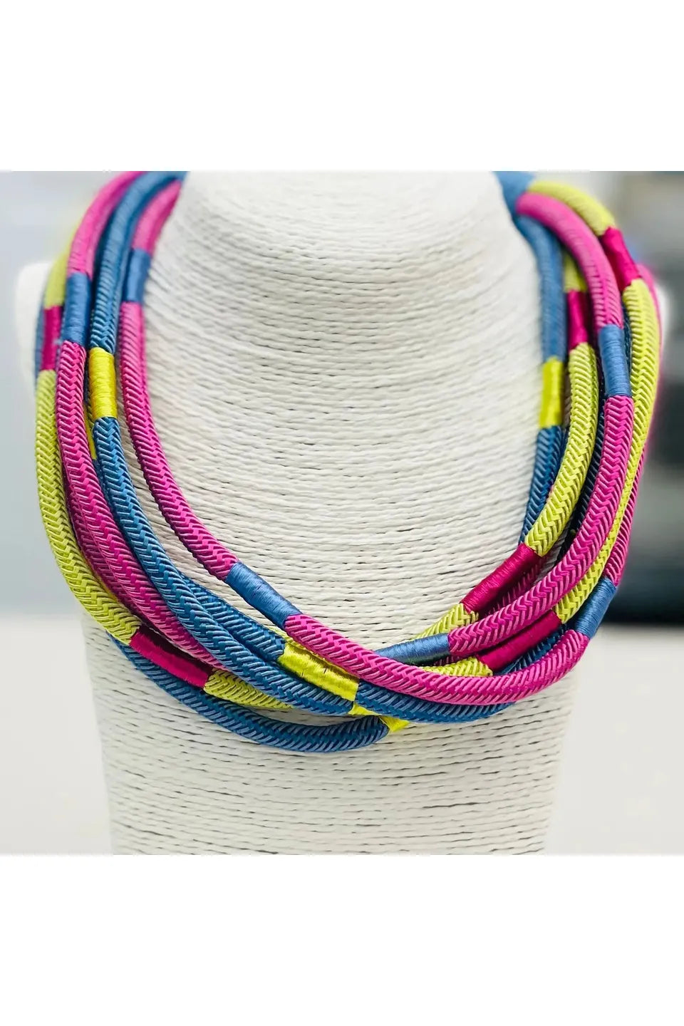 8 strand necklace with Periwinkle, yellow and pink block design