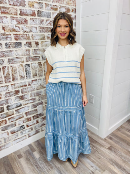 Denim Stripe Midi Skirt