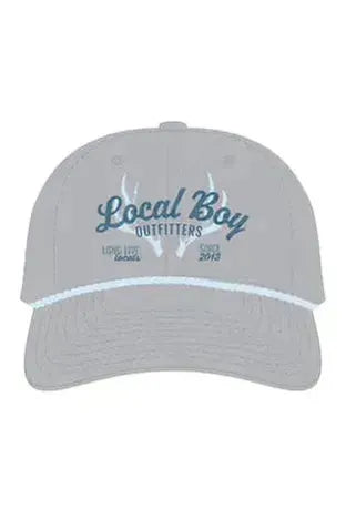 Gray Local boy logo hat with antlers in blue stitching 