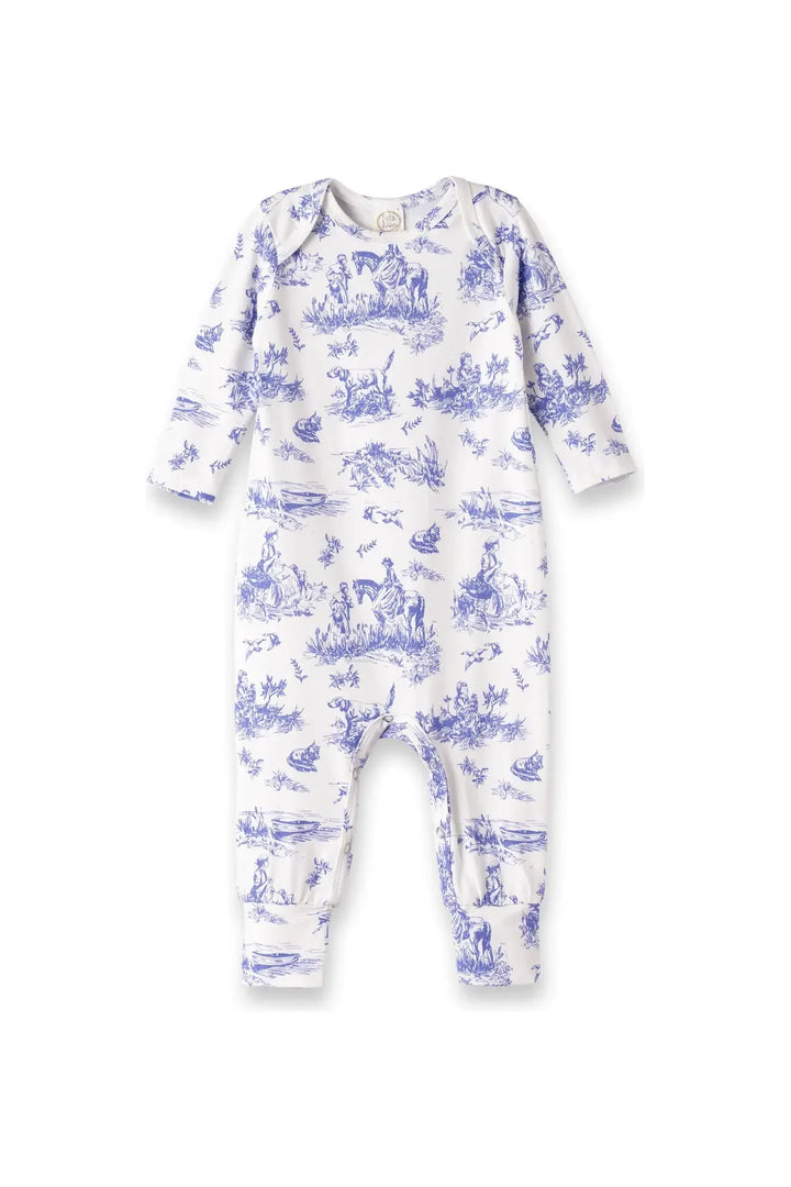Baby girls long sleeve bamboo romper in the print blue toile de jouy.