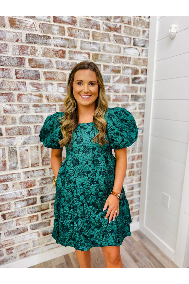 Dolly Doll Jacquard Dress - Forest Green