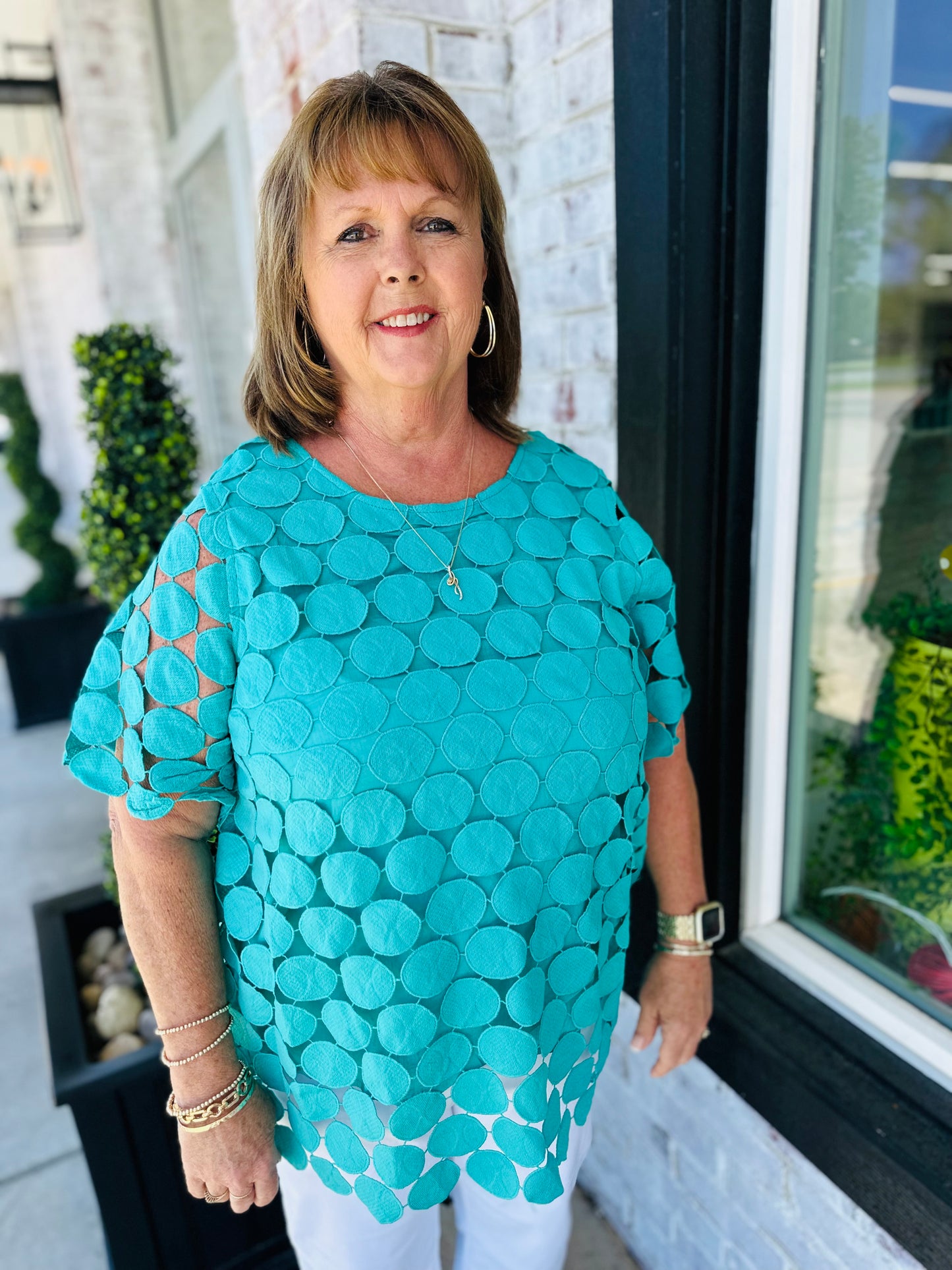 Curvy| Jade Green Polka Dot Lace Top