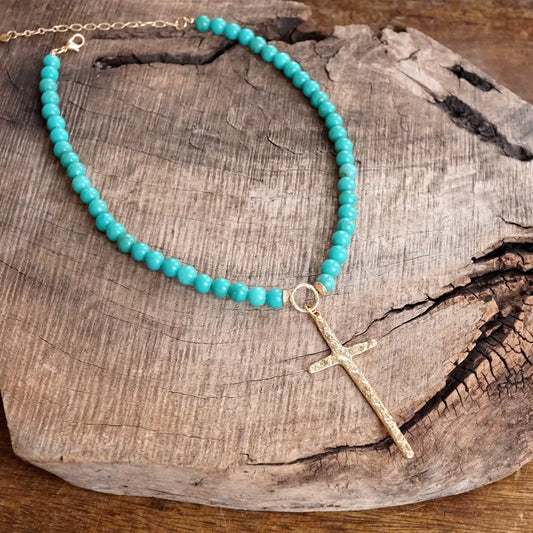 Cross Necklace Gold Pearl Turquoise Beads