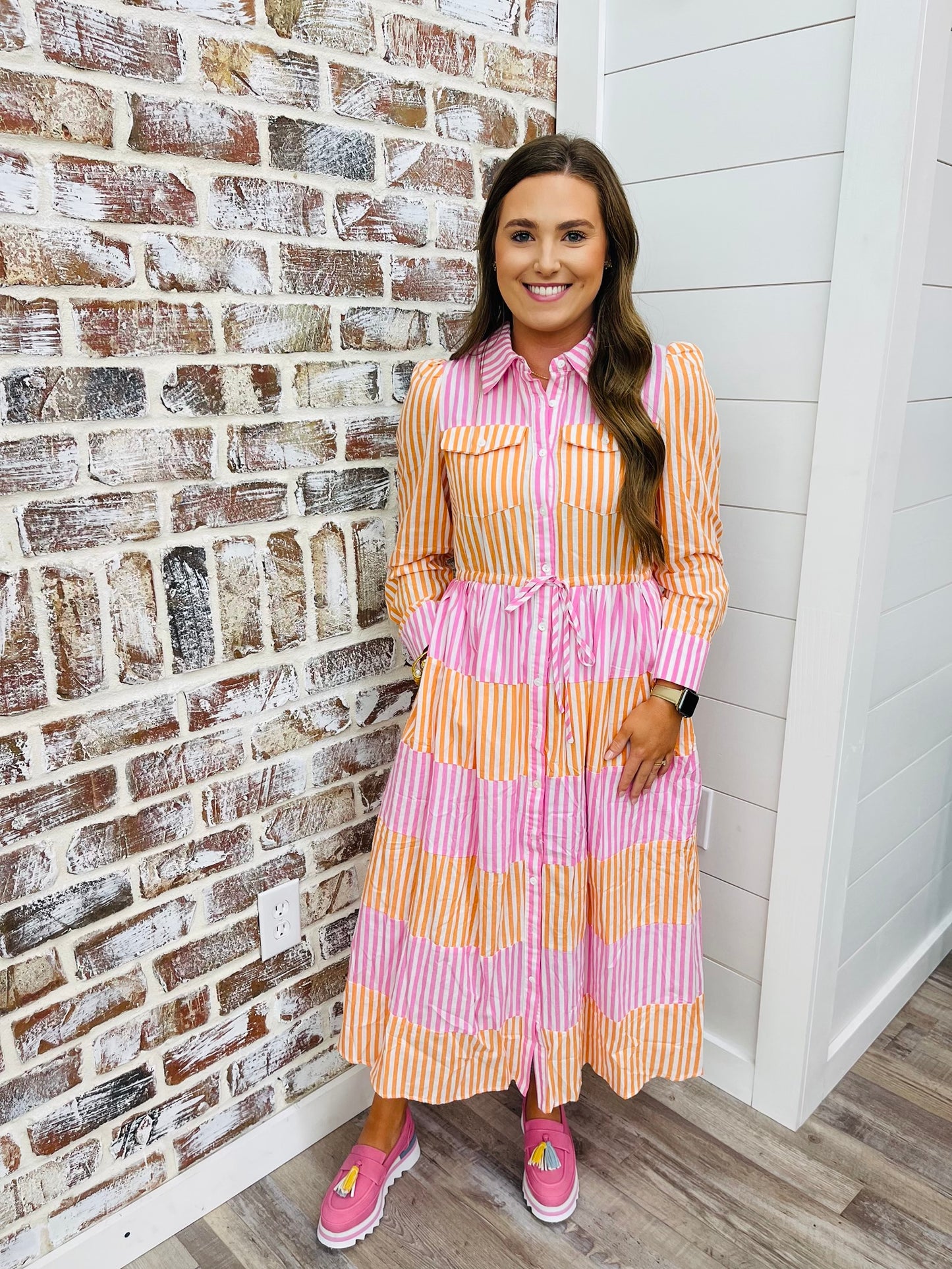 Pink & Orange  Stripe Midi Dress