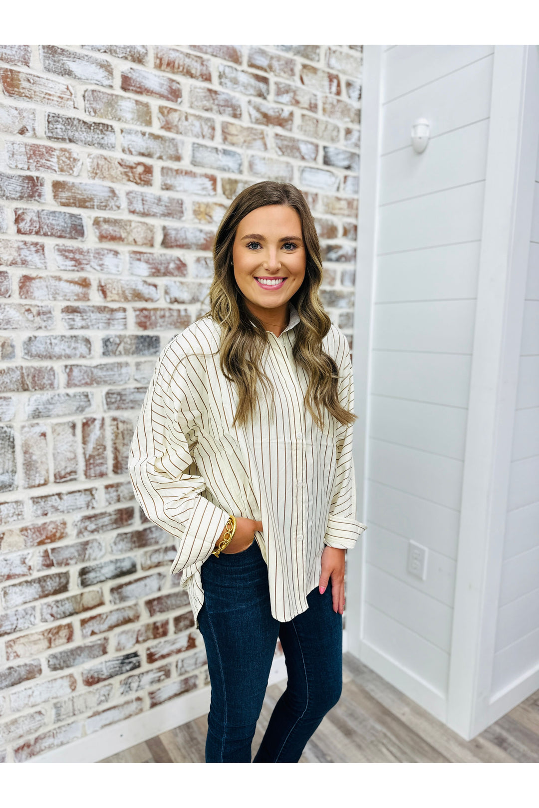 Cream & brown striped button down top