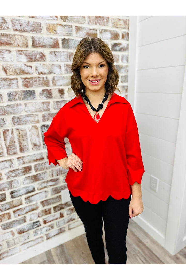 Red Scallop Collar Top