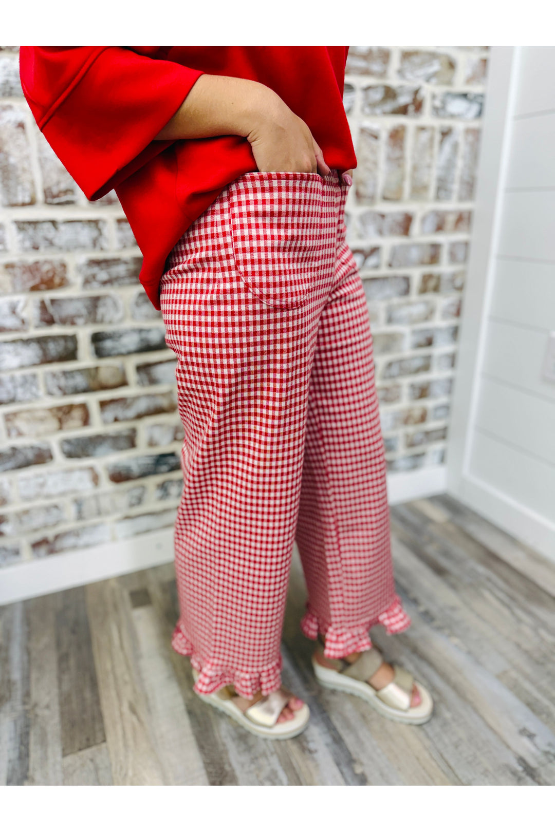 Red Gingham Ruffle Hem Pants