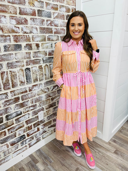 Pink & Orange  Stripe Midi Dress