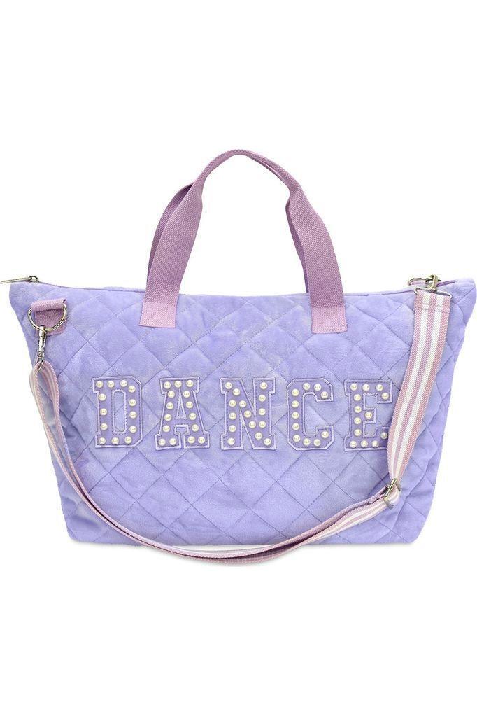 Kids purple quilted overnight bag with dance lettering outlined in pearls.