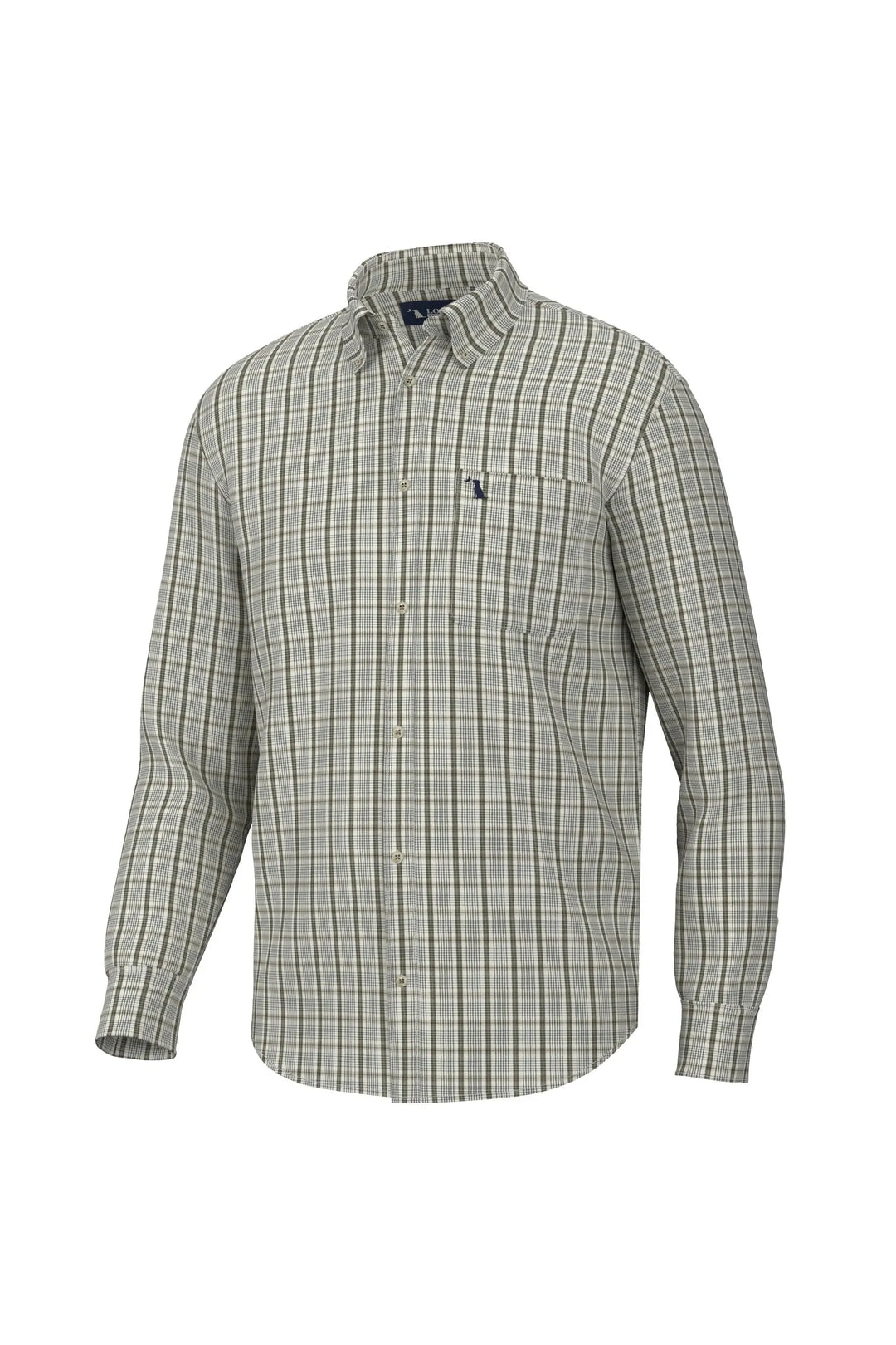Men’s long sleeve button down dress shirt checkered with beige and olive green colors.