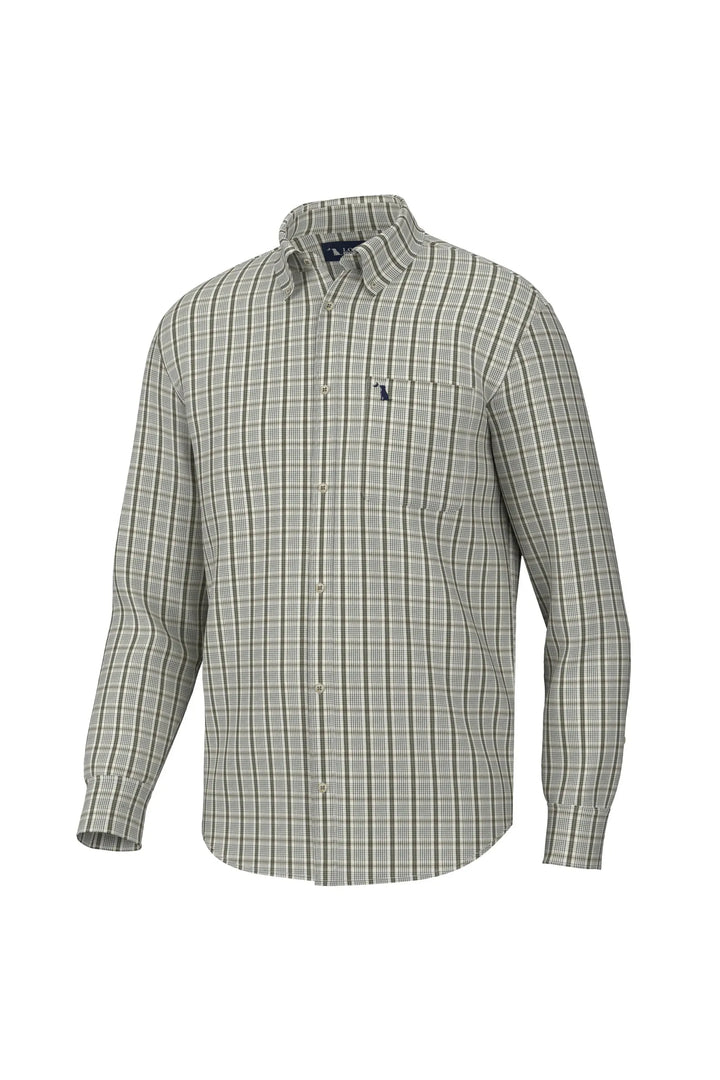 Men’s long sleeve button down dress shirt checkered with beige and olive green colors.