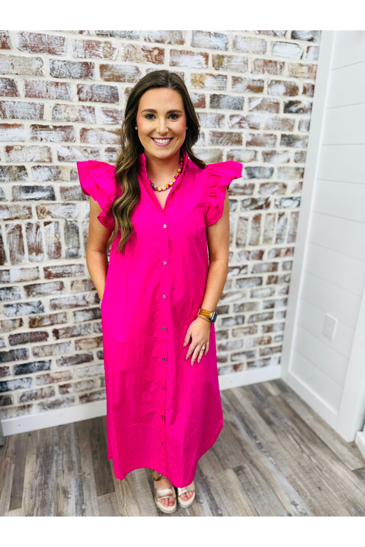 Hot Pink Button Midi Dress