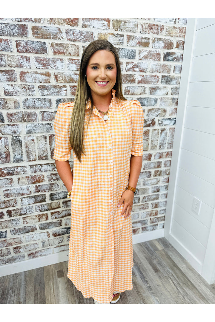Adrienne | Orangesicle Seersucker Gingham Midi Dress