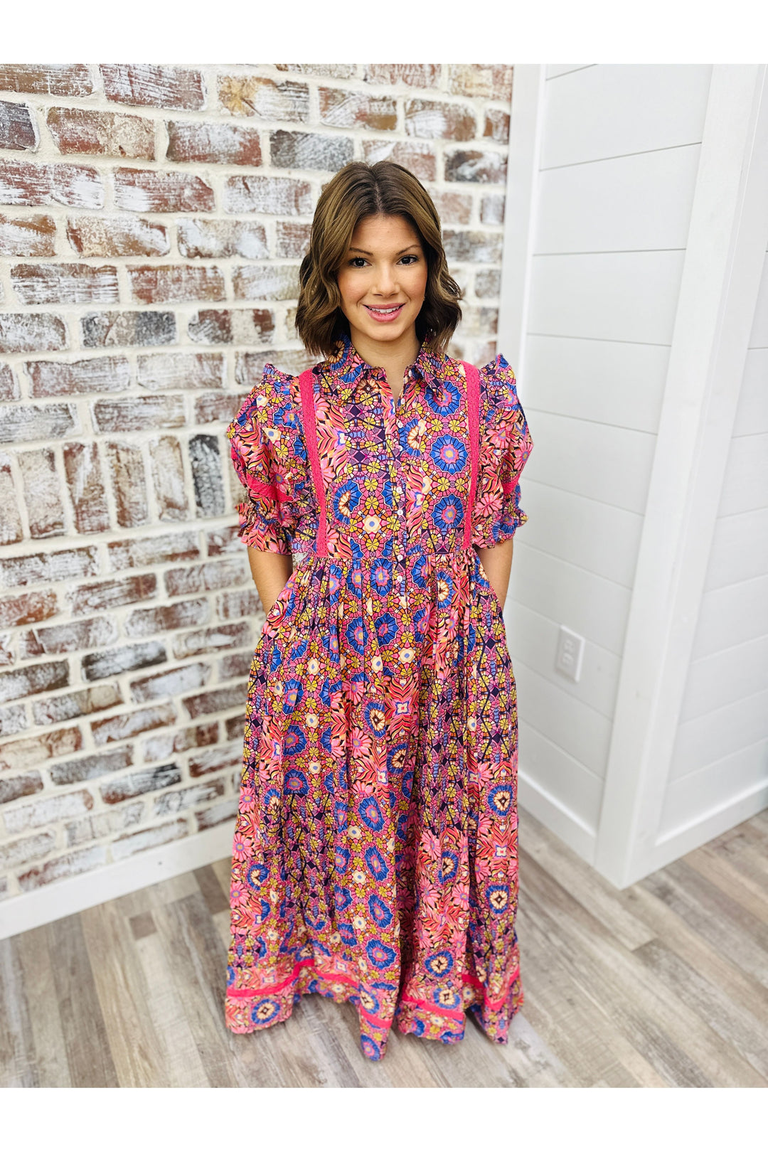 KARLIE |KALEIDOSCOPE PUFF SLEEVE TIER MAXI DRESS