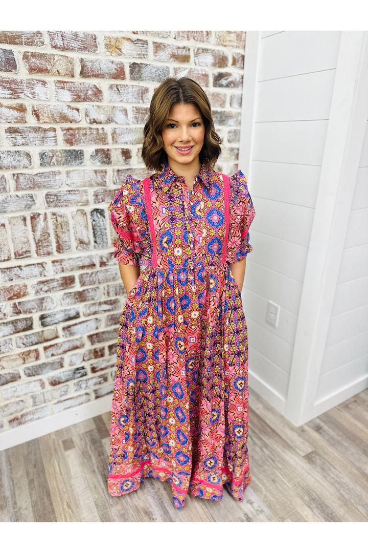 KARLIE |KALEIDOSCOPE PUFF SLEEVE TIER MAXI DRESS