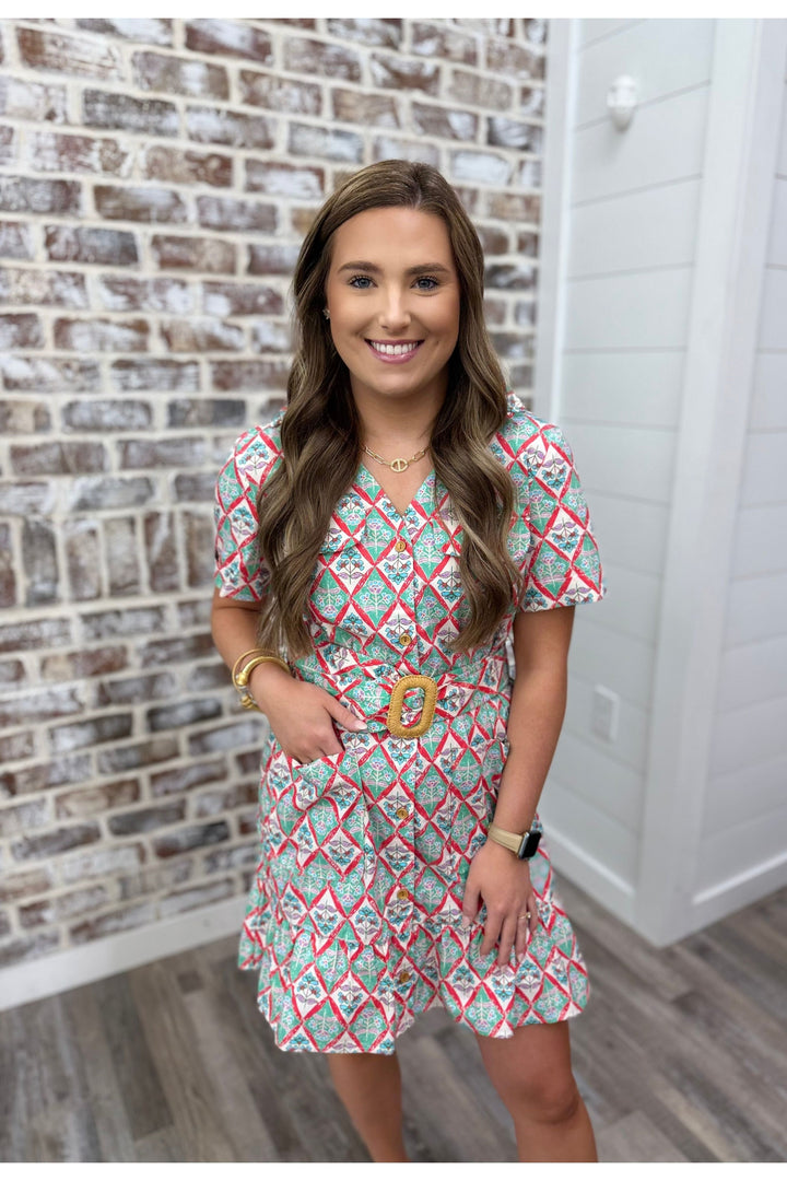Karlie| Paris Floral Pocket Shirt Dress W/Belt
