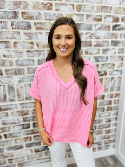 Baby Pink Short Sleeve Waffle Top