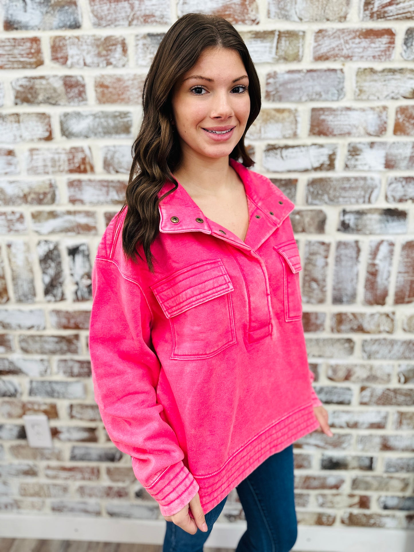 Fuchsia Acid Wash Snap Button Top