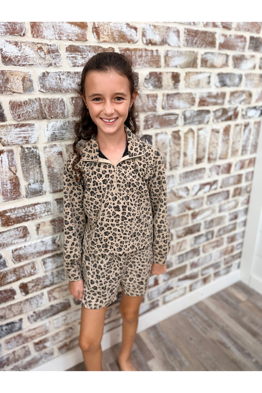 Girls Leopard Mock Neck Zip Top
