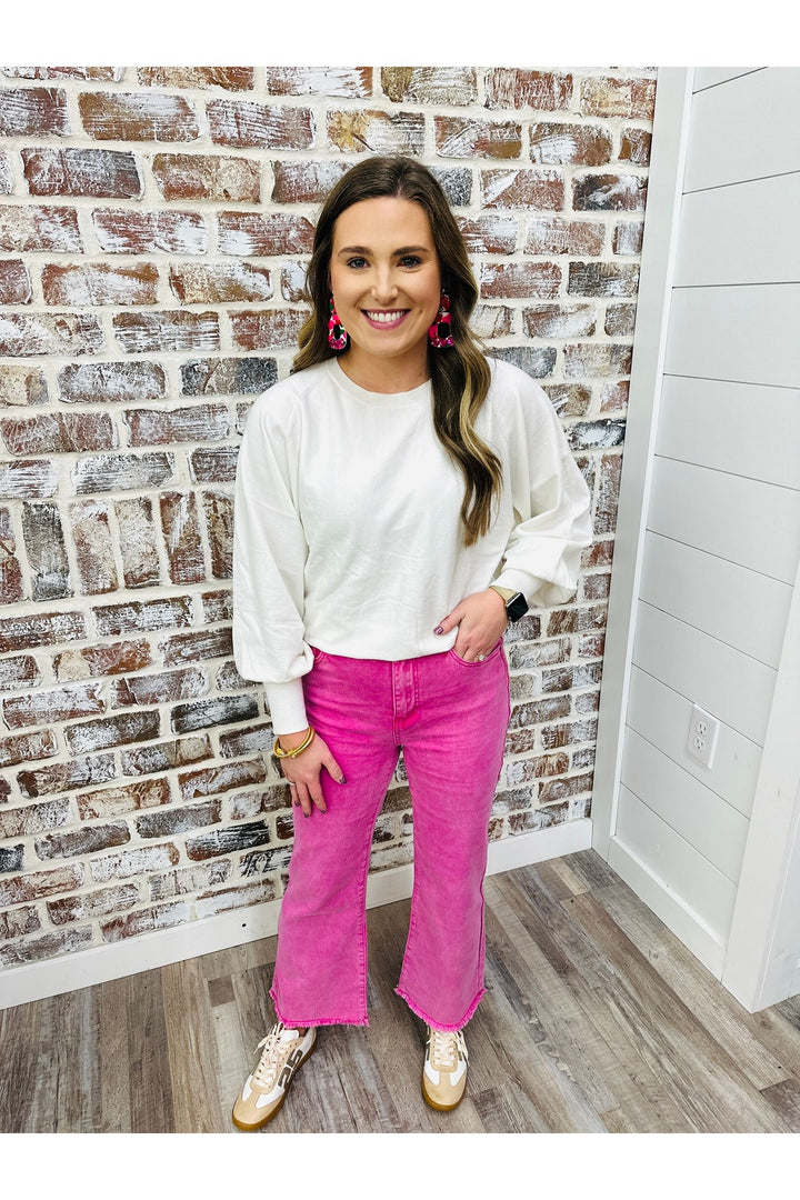 Pink Acid Wash High Waisted Fray Bootcut Pants