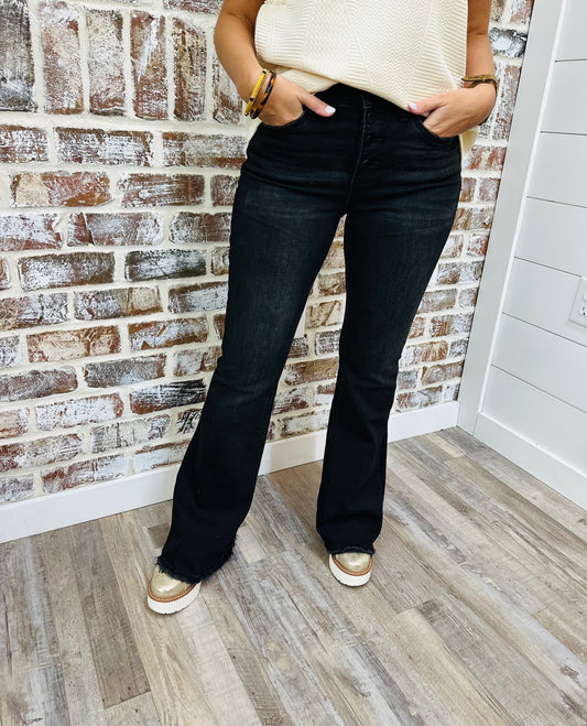 High Rise Button Black Flare Jeans