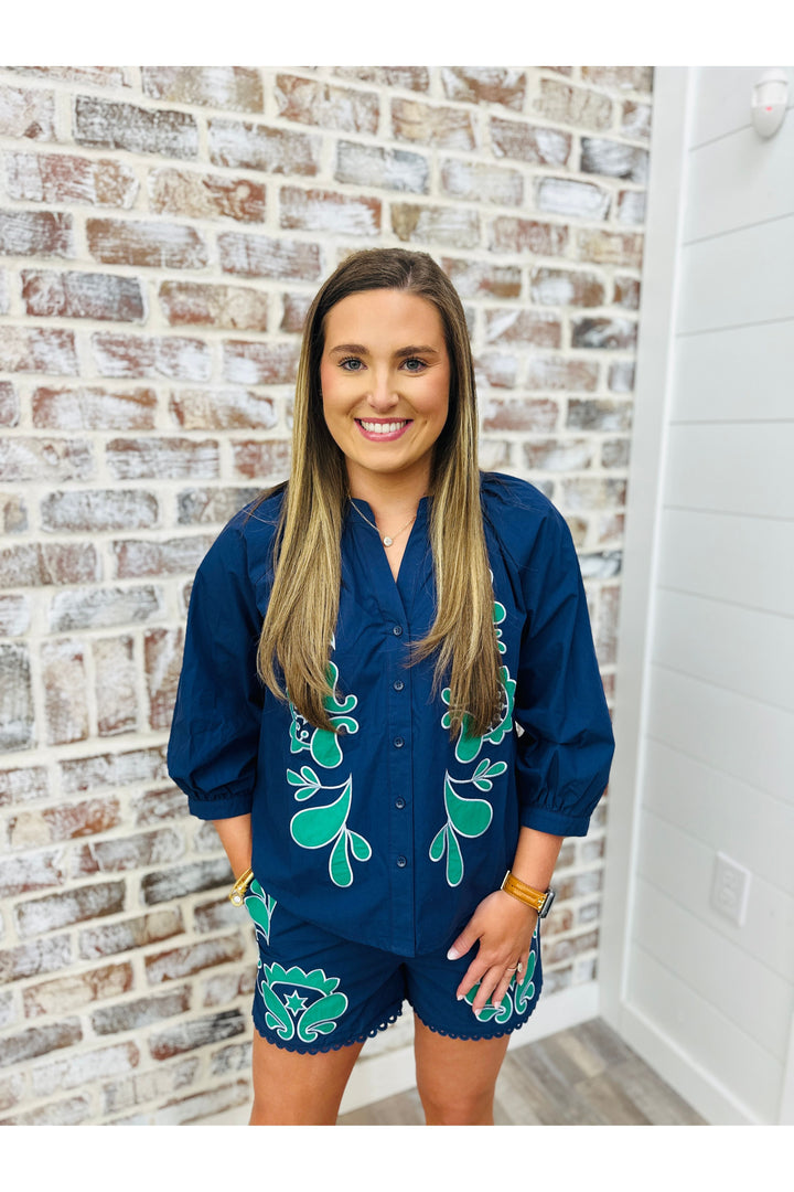 Navy + Emerald Embroidery Top