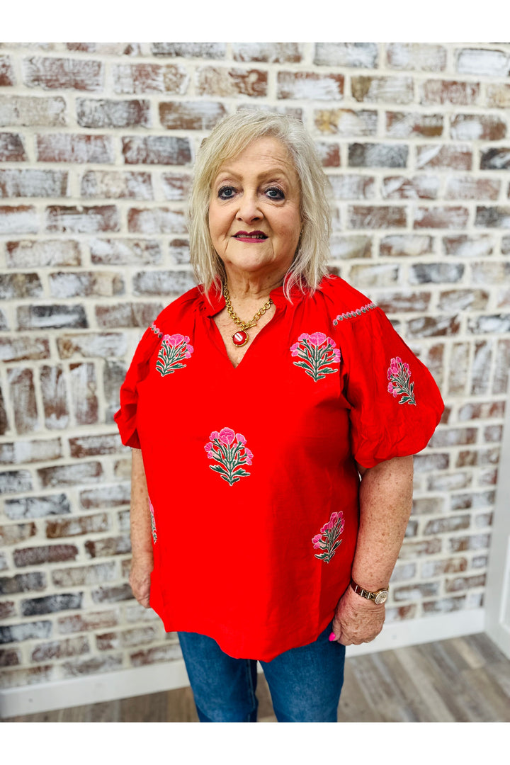 PLUS | Red Embroidered Puff Sleeve Top