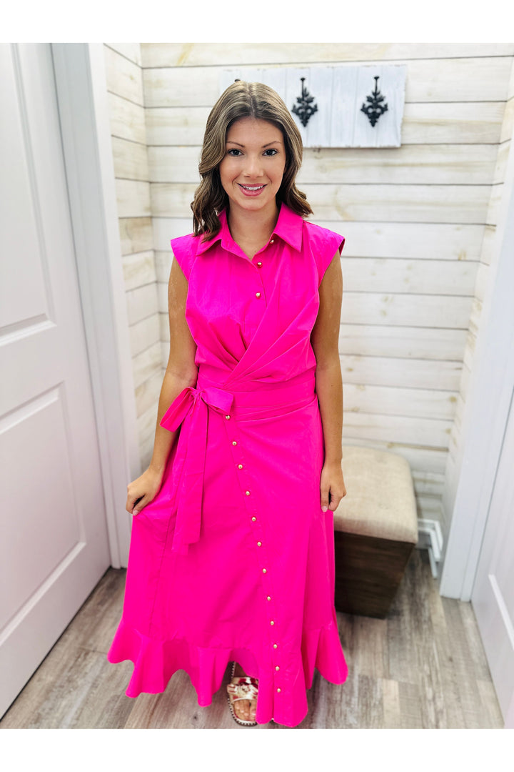 Hot Pink Buttons & Beauty Midi Dress