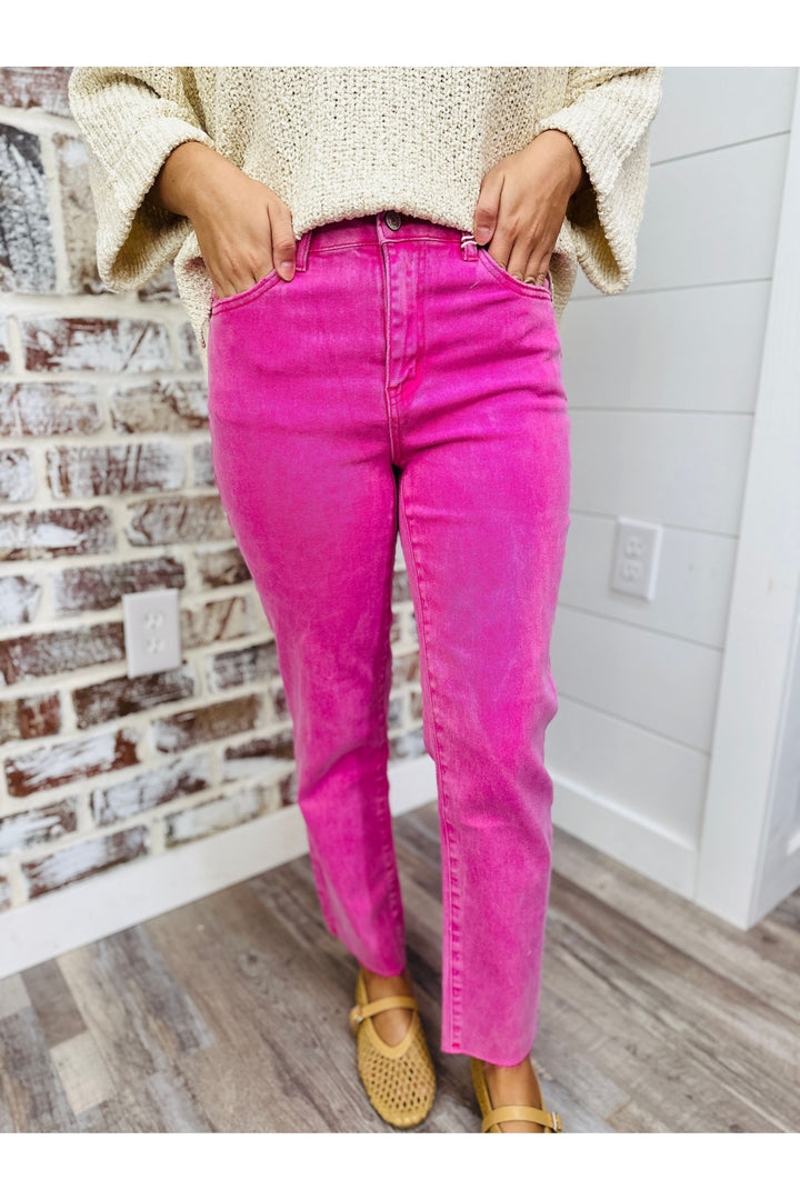 Hot Pink Acid Wash High Rise Straight Pants