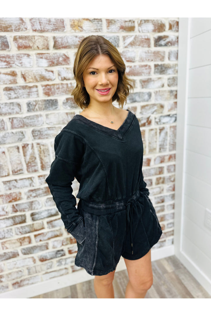 Black acid wash romper 
