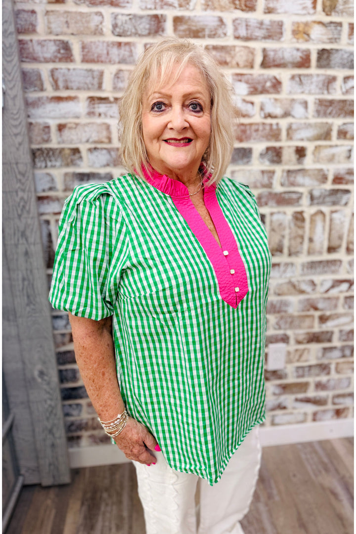 Plus| Green Gingham Gal Top