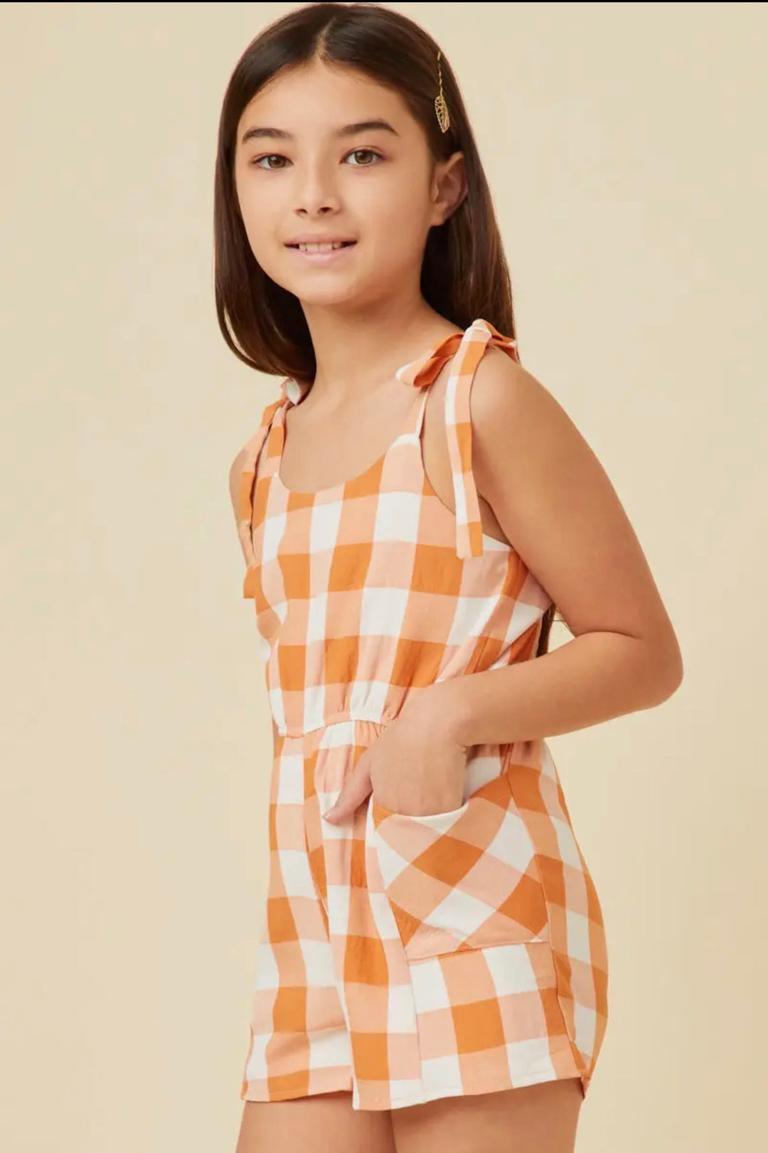 Girls Orange Checkered Romper