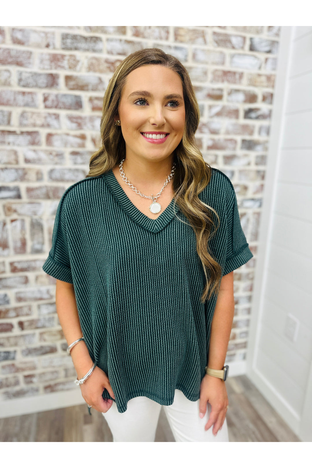 Hunter Green Short Sleeve Waffle Top