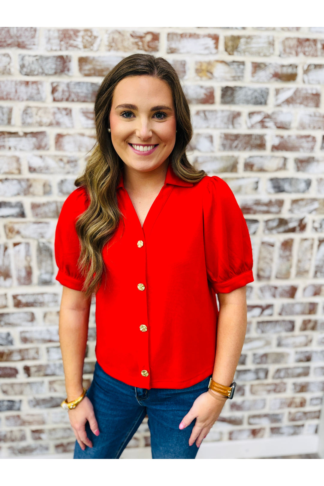 Red Button Detail Top