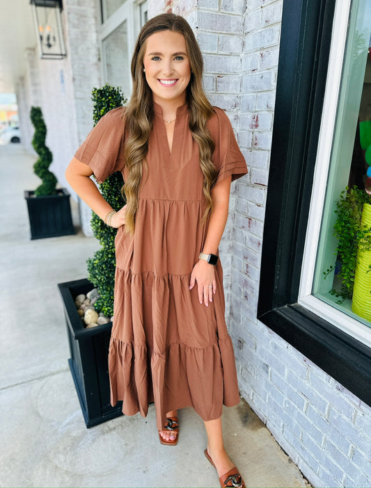 Caramel Tiered Midi Dress