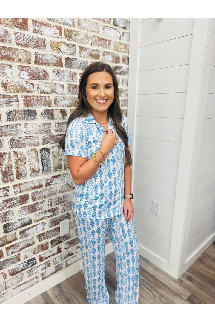 Claire Pants Pj Set~  White/Palace Blue