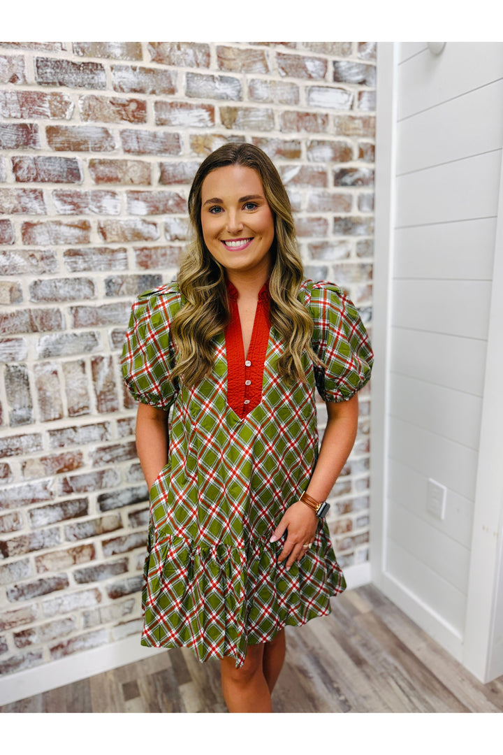 Tartan Charm Ruffle Dress - Olive