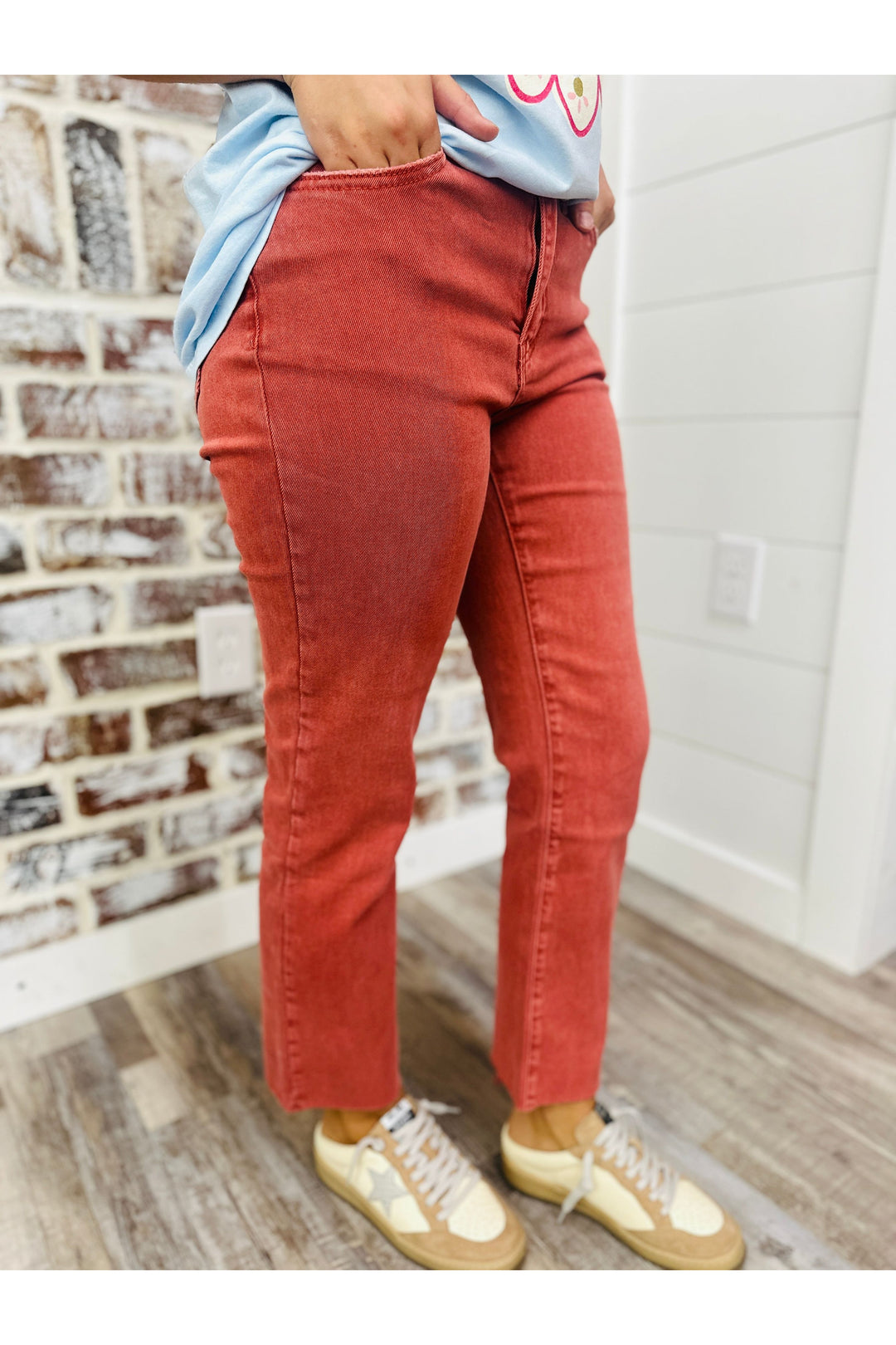 Rust Acid Wash High Rise Straight Pants