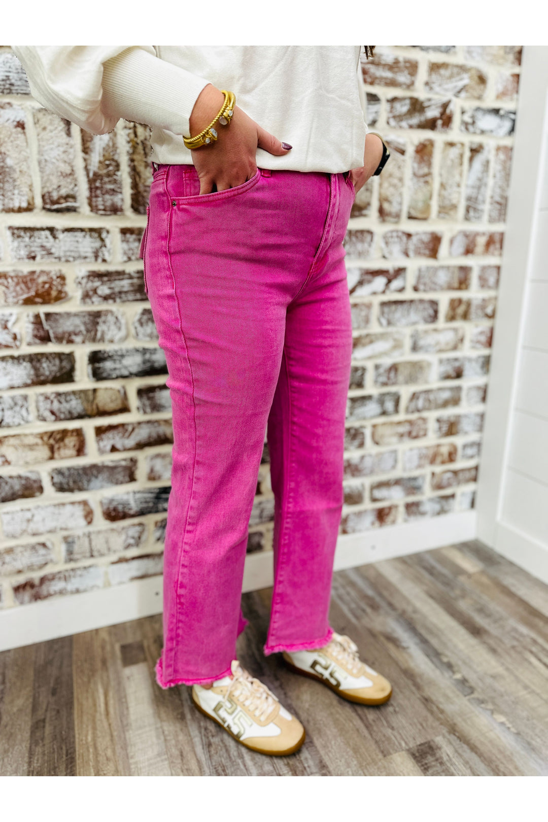 Pink Acid Wash High Waisted Fray Bootcut Pants