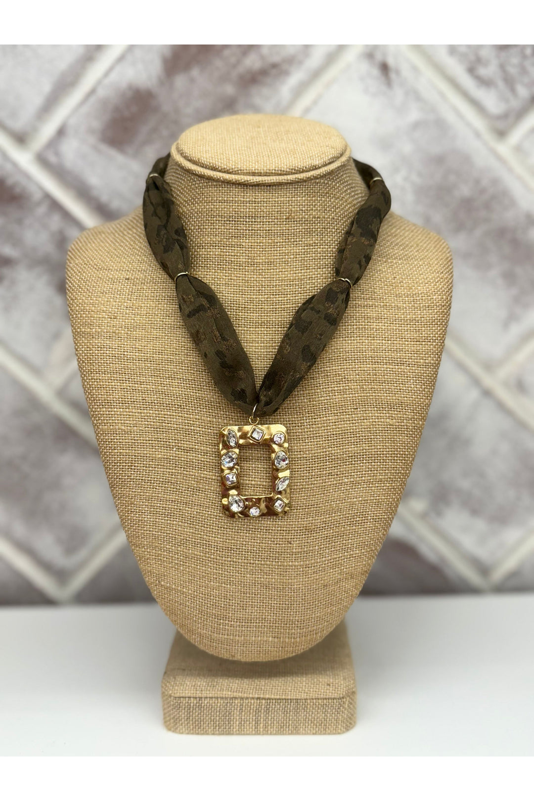 Cheetah Print Scarf Necklace With Square Rhinestone Charm