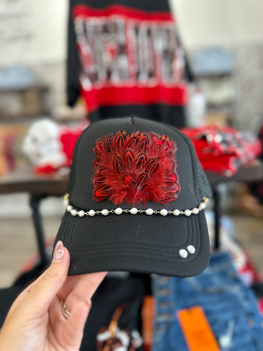 Black Trucker Hat with Red Feathers + Pearl Chain