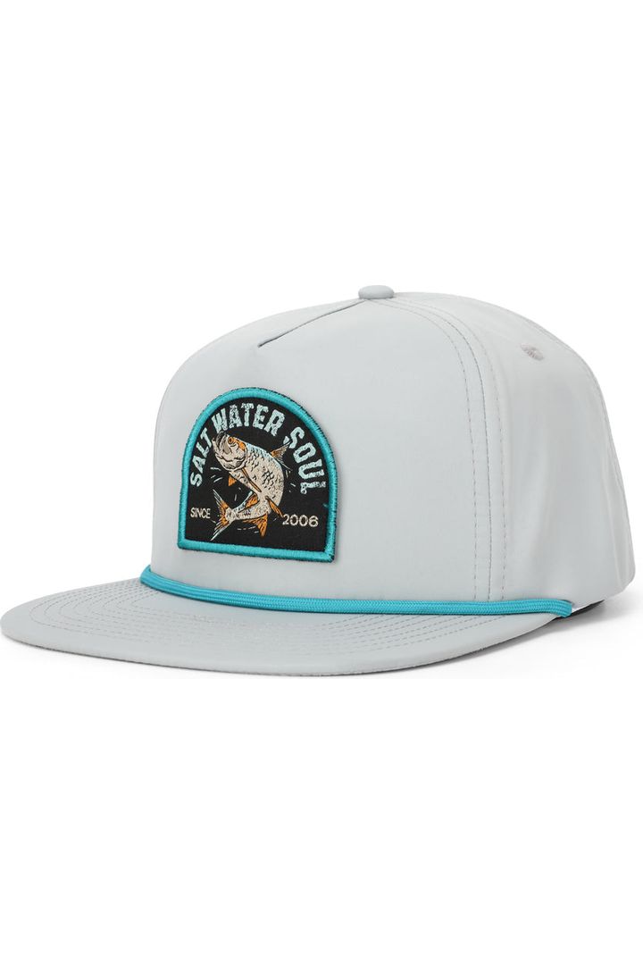 Youth grey hat with saltwater soul design patch and turquoise rope.