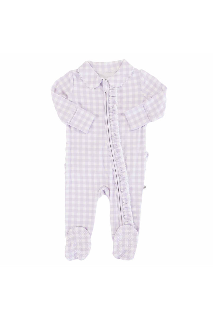 Peter Pan Collar Ruffle Zipper Footie | Lilac Gingham