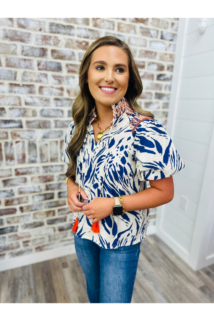 Blue + Orange Detailed Top