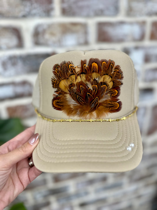 Khaki Brown Feather Trucker Hat