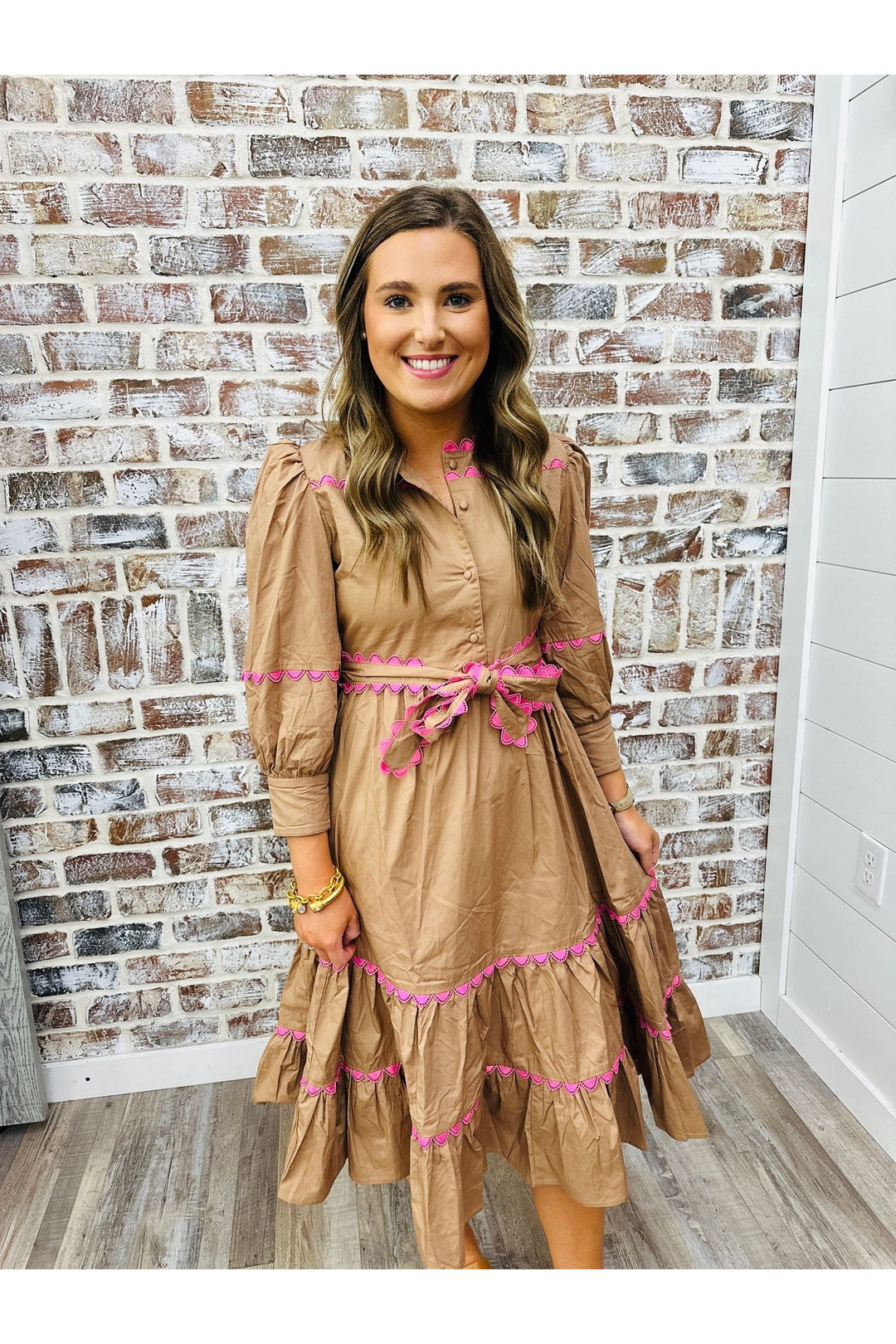 Mocha & Pink Contrast Midi Dress