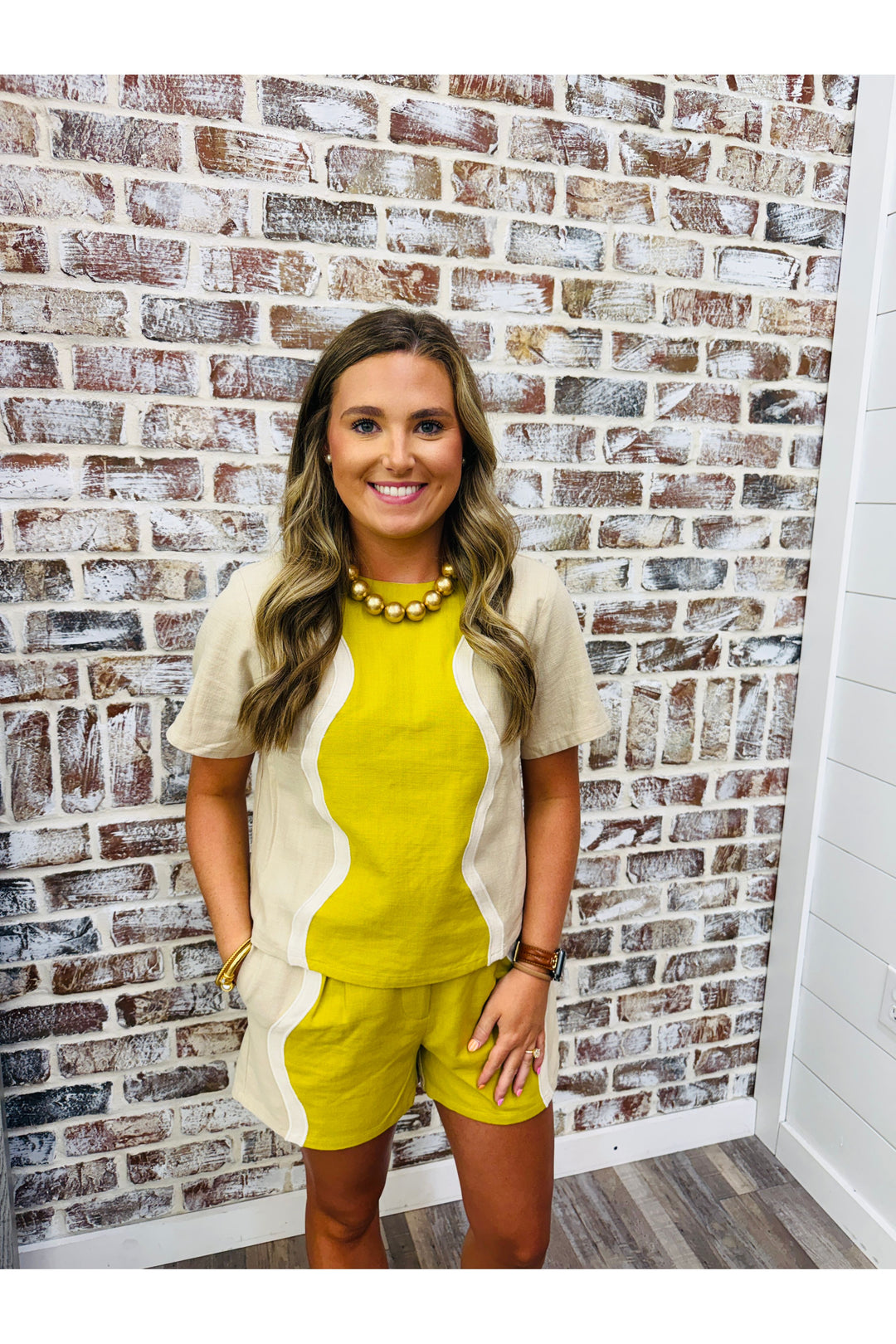 Chartreuse Wavy Contrast Top