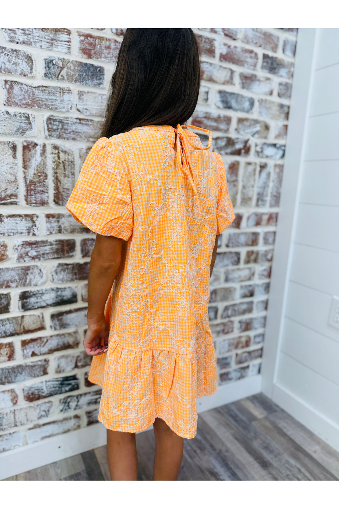 Girls Orange Embroidered Gingham Dress